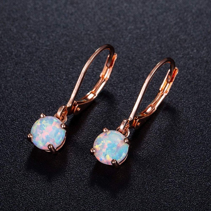 CiNily Rose Gold Plated Opal Drop Earrings,Leverback Hypoallergenic Dangle Earrings for Women Round-Cut Gemstone Opal Jewlery Gift - Image 4